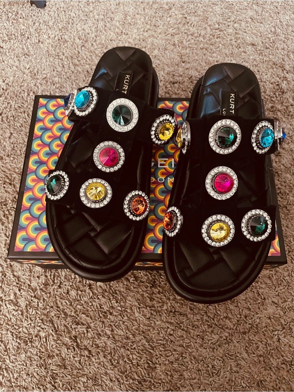Kurt Geiger Black Quilted Slide Sandals with Multicolor Crystal Medallions